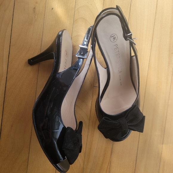 Black patent leather and suede sling peep toe mid heels with bow - Picture 3 of 6